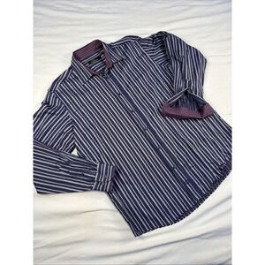 Bugatchi Uomo Shirt Navy Purple Striped Flip Cuff Button‎ Up Long Sleeve Men Lg